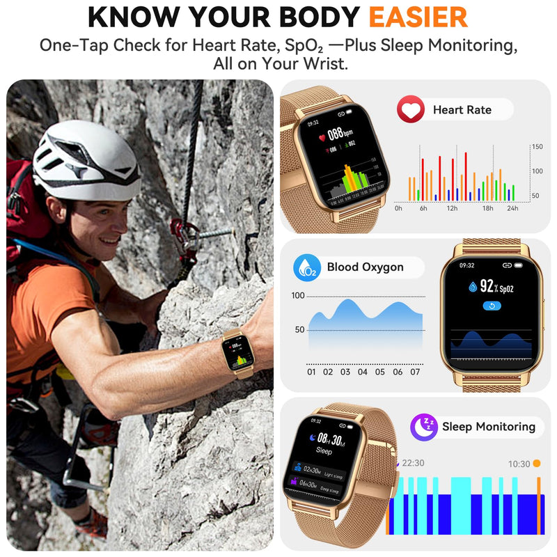 Smart Watch for Women(3 Bands), Smartwatch Fitness Tracker with Bluetooth Calls & AI Voice Control, 1.85’’ HD Screen, Heart Rate/SpO2 Monitor, Sleep Tracker, Compatible with Android iOS (Gold) Gold - BeesActive Australia
