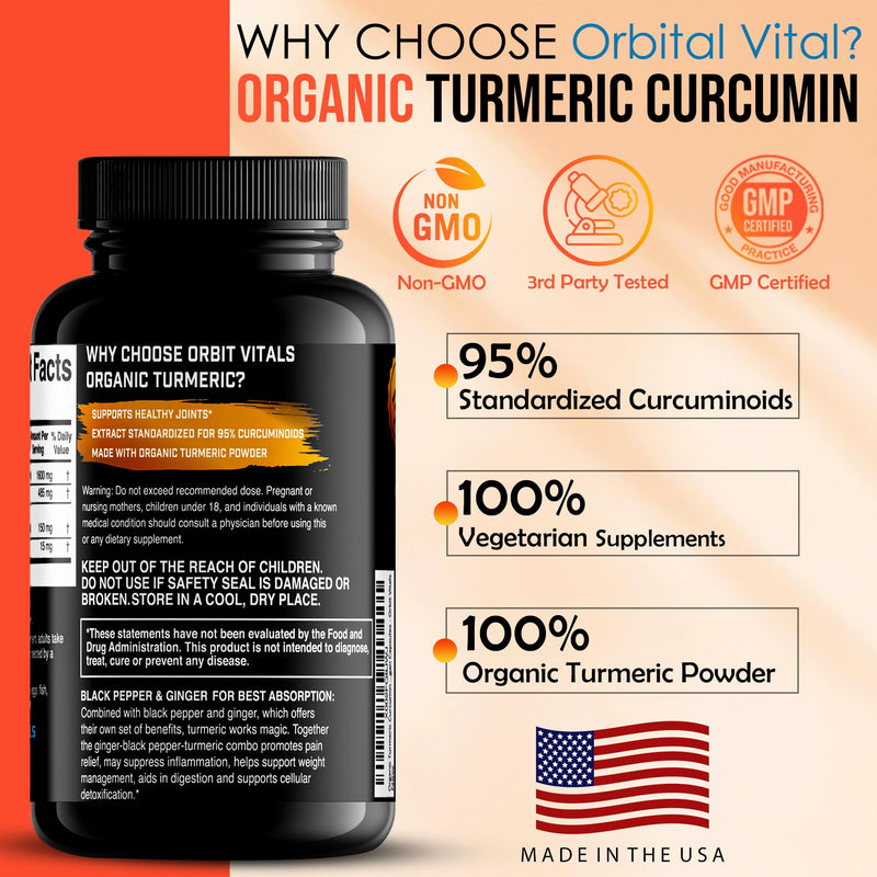Organic Turmeric Curcumin with Black Pepper & Ginger 2250mg, 95% Standardized Curcuminoids - Helps Inflammation, Maintain Strong Joints & Healthy Immune, Gluten Free 90 Vegan Capsules - BeesActive Australia