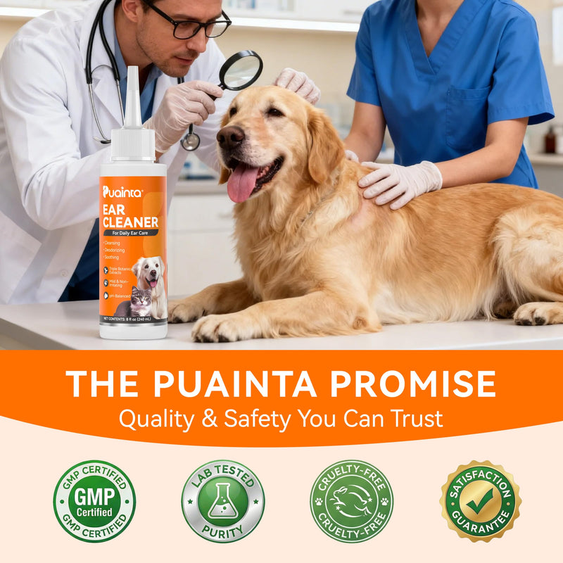 PUAINTA Dog Ear Cleaner Solution - Alcohol-Free Ear Wash with Quantum Silver & Witch Hazel - Soothes Itch, Removes Wax & Odor - Gentle Daily Flush for Dogs & Cats (8 oz) 8oz