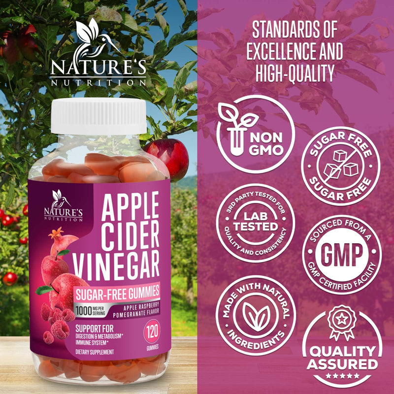 Apple Cider Vinegar Gummies 1000mg per Serving - Sugar Free Max Strength ACV Gummy Vitamins Supplement, Advanced Formula, Vitamin B12 Supports Metabolism & Energy, Keto Friendly, Vegan, 120 Gummies 120 Count (Pack of 1)