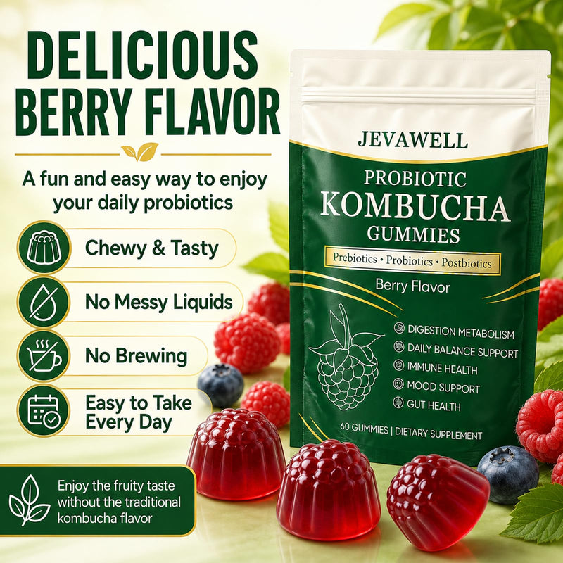Jevawell Kombucha Gummies, Probiotic Digestive Health Supplement with, Organic Prebiotics for Gut Health, Immune Boost, and Natural Energy – Vegan, Non-GMO, Gluten-Free, 120 Gummies 1 Ounce (Pack of 2)