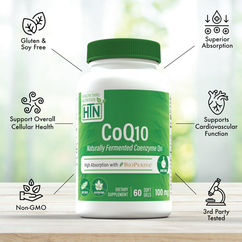 Health Thru Nutrition CoQ-10 100mg with BioPerine 60 Softgels | High Absorption Naturally Fermented USP Grade Coenzyme Q10 Supplement | 3rd Party Tested | Heart Health and Energy Support | High Absorption Naturally Fermented USP Grade Coenzyme Q10 Supp...