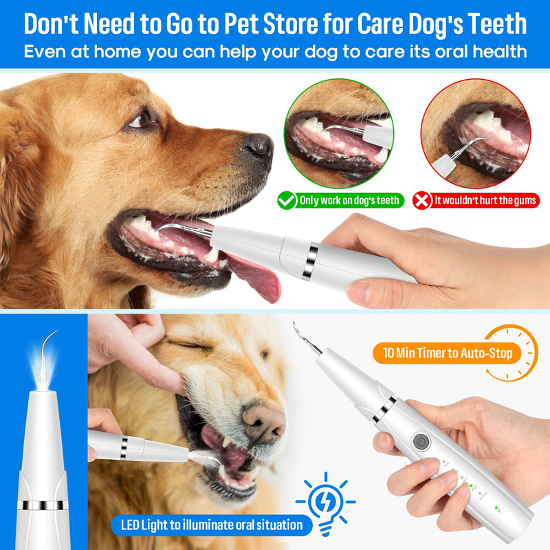 Dog Teeth Cleaning Kit, 5-Mode LED Ultrasonic Tooth Cleaner for Dogs & Cats – Plaque & Tartar Remover, 32-40kHz Pet Dental Care with Toothbrush(White) White