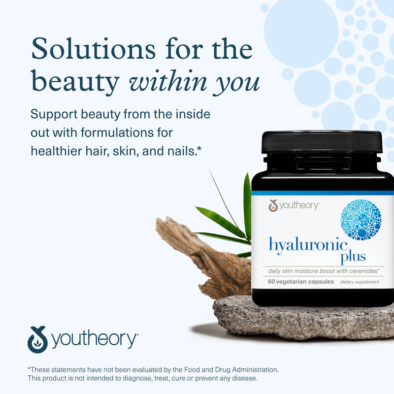 Youtheory Hyaluronic Acid Plus, 60 Vegetarian Capsules, 30-Day Supply | Joint and Skin Support*, with Ceramides, Vitamin C, Biotin, and Lutemax SkinGlo, Dairy, Soy, and Gluten-Free Hyaluronic Plus