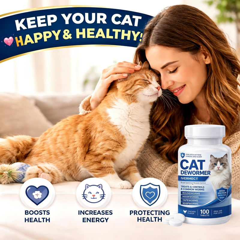 Cat Dewormer, Dewormer for Cats & Kittens, Broad Spectrum Tablets for Tapeworms, Roundworms & Hookworms, Promotes Digestive Comfort & Daily Balance, 100 Tablets