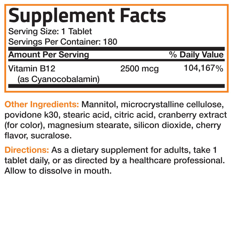 Bronson Vitamin B12 2500 mcg Fast Dissolve Sublingual Cherry, 180 Tablets | B12 as Cyanocobalamin, Supports Energy Metabolism, Red Blood Cell Formation, Nerve & Brain Function 180 Count (Pack of 1)