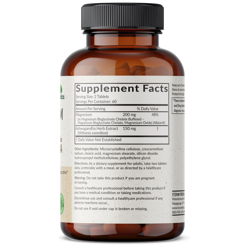 Futurebiotics Magnesium Glycinate + Ashwagandha, 120 Tablets | 2-in-1 Stress & Mood Support, High Absorption, Gentle On The Stomach, Non-GMO, Gluten Free, Soy Free 120 Count (Pack of 1)