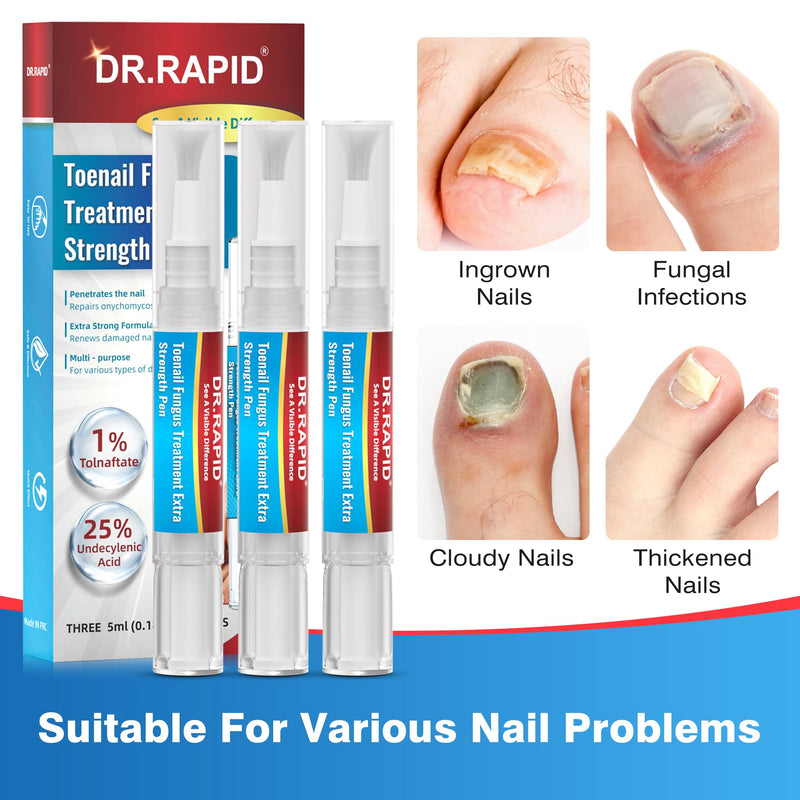 Toenail Fungus Treatment Extra Strength - DR.RAPID Toenail Fungus Treatment Pen with 25% Undecylenic Acid & Tolnaftate, Ideal for Fungus Treatment for Damaged Nails & Fingernails 5ml/0.18FLOZ 3Pcs 1 Count (Pack of 3)