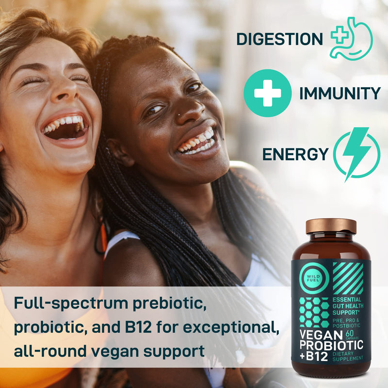 Vegan Probiotic Plus B12 & FOS - 22 Billion CFU Synbiotics Prebiotics and Probiotics for Digestive Health, IBS, Mood Support - B12 Pre Pro Post Biotics for Women & Men - 60 Gluten-Free Capsules Probiotic Unflavored