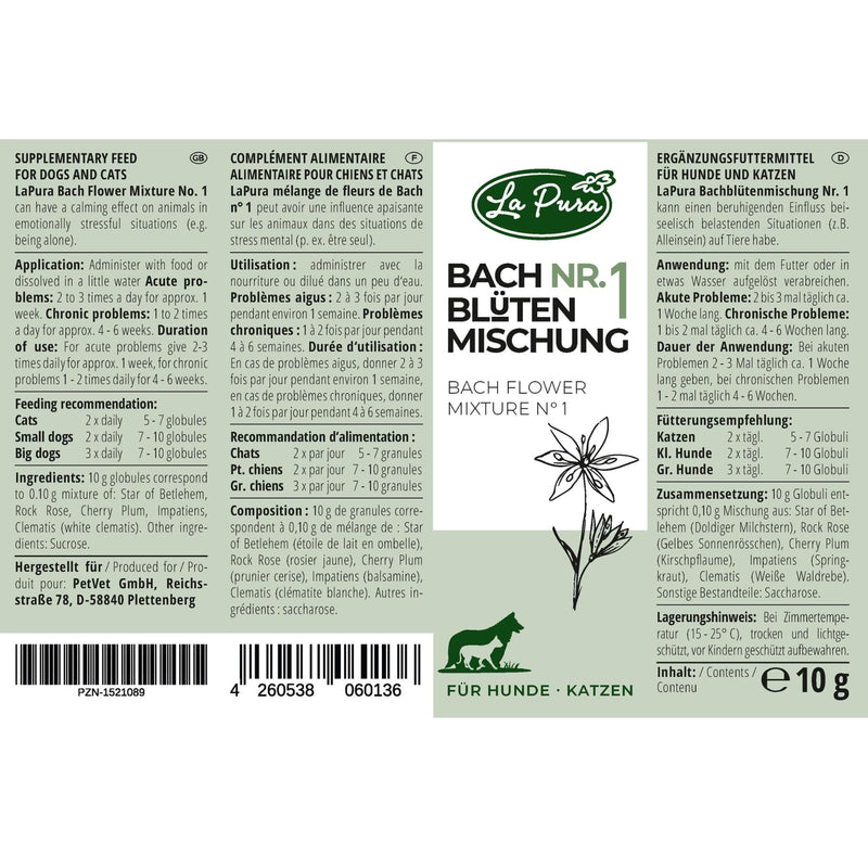 LaPura Bach Flowers No. 1 for dogs and cats, for gentle calming in the event of noise, restlessness, fear, travel, being alone, thunderstorms, New Year's Eve, globules 10 g - BeesActive Australia