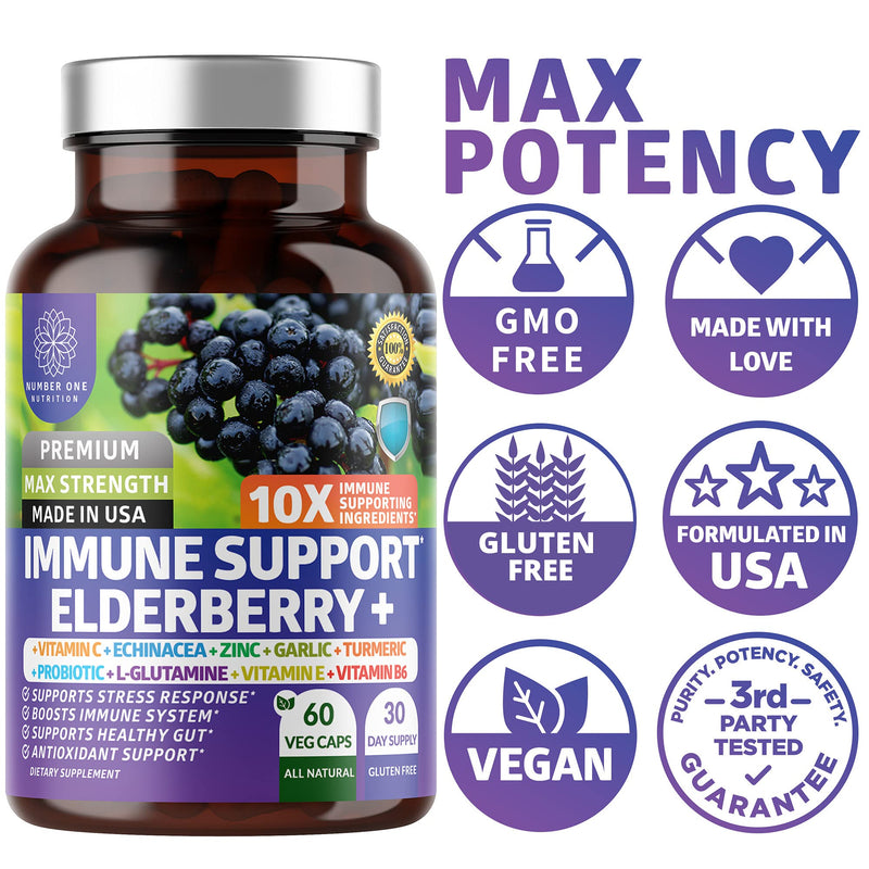 Elderberry Immune Support 10-in-1 with Zinc Vitamin C Probiotics, 60 Caps 60 Count (Pack of 1)