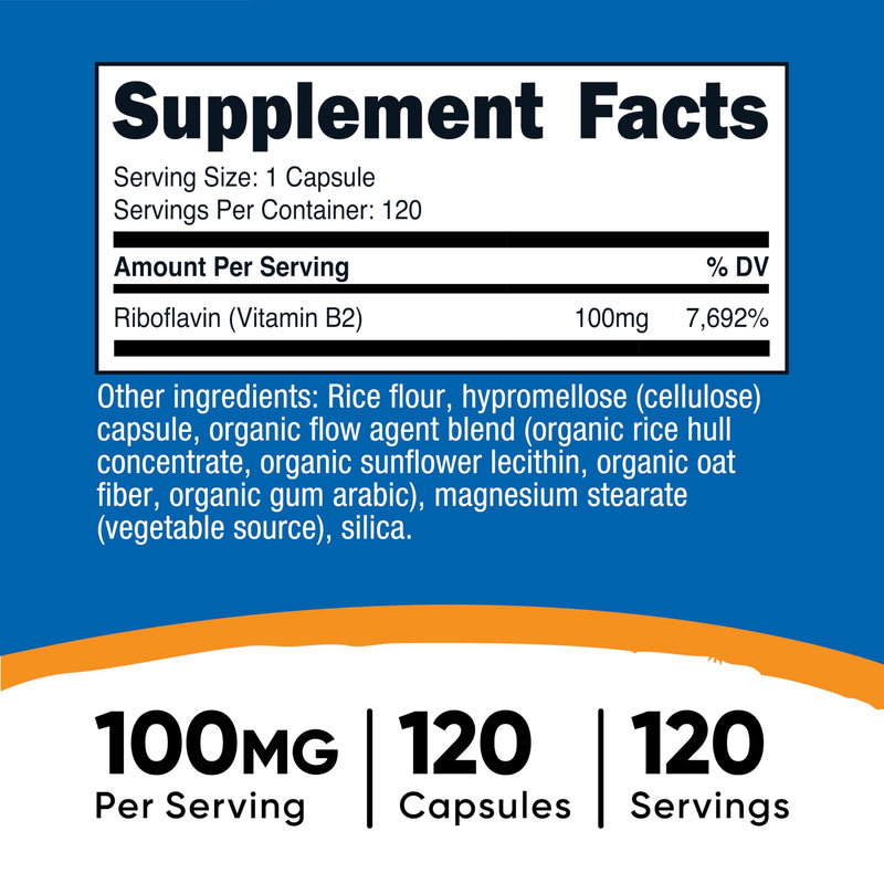 Nutricost Vitamin B2 (Riboflavin) 100mg, 120 Capsules, Gluten Free | GMO-Free 120 Count (Pack of 1)
