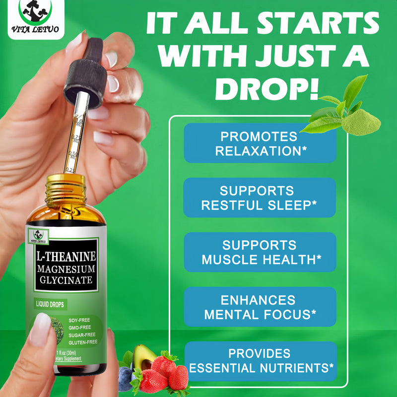 L Theanine Drops, Liquid L-Theanine Supplement 200mg w/Magnesium Glycinate,Vitamins,Fiber for Relaxation,Sleep,Digestion, Calm,High Absorption Mood Support for Adults & Kids,Plant Based,Non-GMO