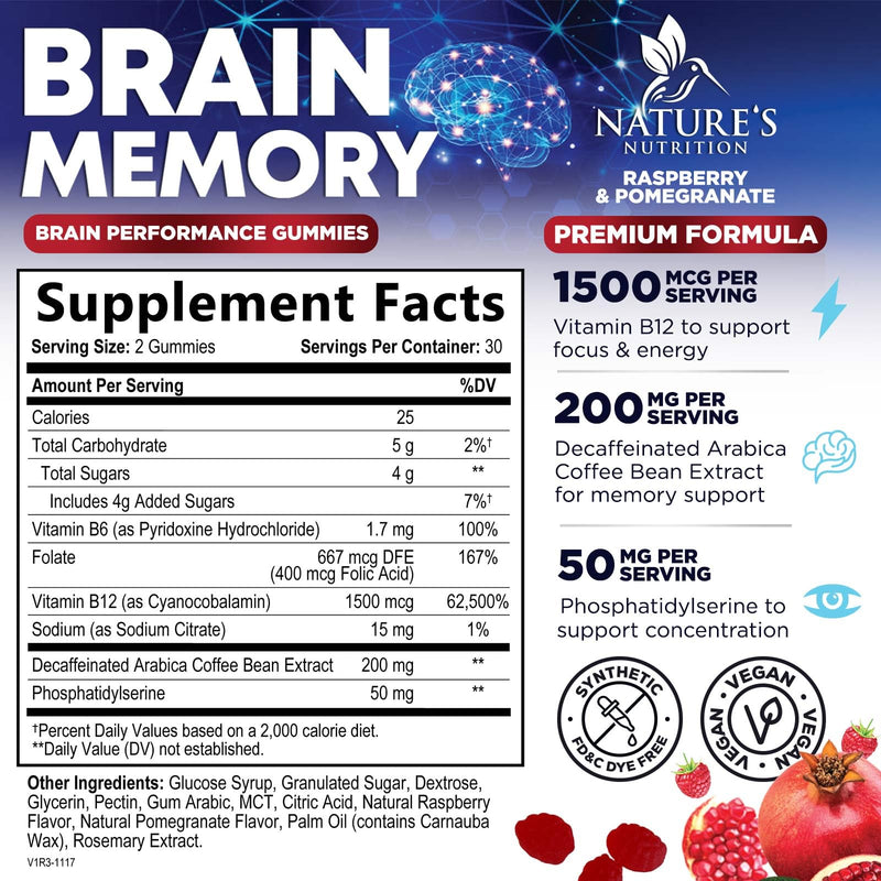 Brain Supplements For Memory & Focus Gummies - Natural Nootropics Support for Concentration Alertness & Clarity Support - 3X Strength Brain Health Vitamins with B6 B12, Phosphatidylserine - 60 Gummies 60 Count (Pack of 1)