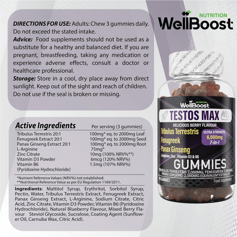 Testos MAX Strength Gummies - 6000mg 7-in-1 Tribulus, Fenugreek, Ginseng, L-Arginine, Zinc, Vitamin D3 & B6 - Vegan, Sugar-Free, Berry Flavour - Supports Muscle Growth & Vitality for Adults
