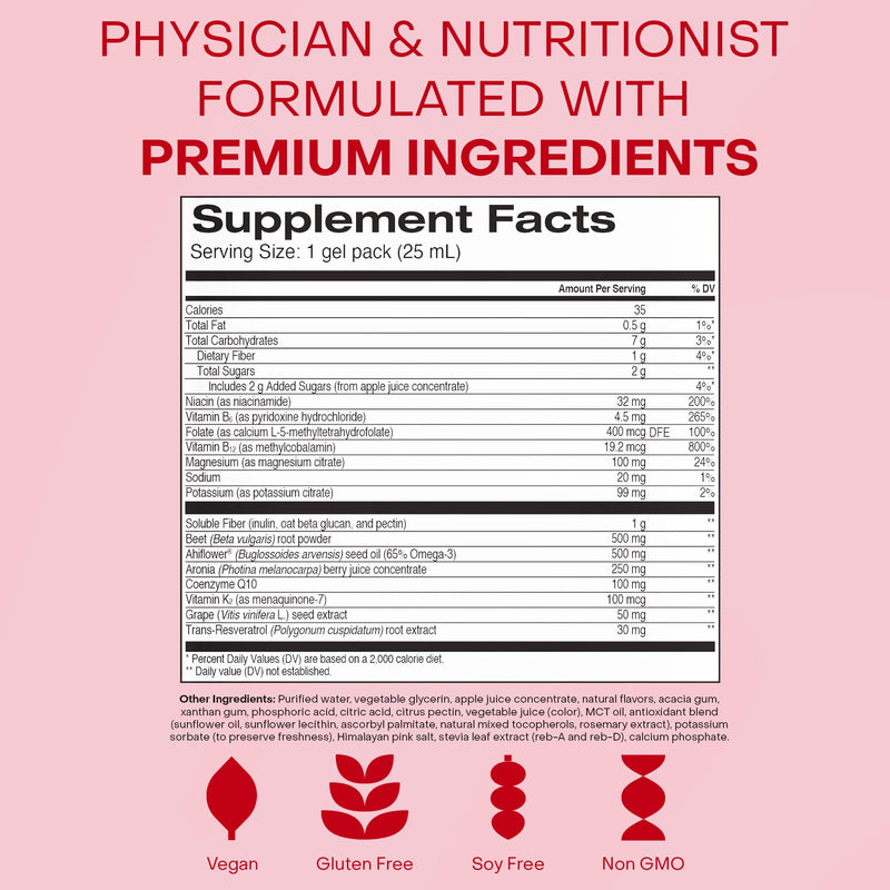 Healthycell Heart & Vascular Health Daily Liquid Supplement - Blood Pressure & Cholesterol Support with Beet Root Powder, Resveratrol, CoQ10, Omega-3 & Vitamin K - 30 Gel Packs 0.84 Fl Oz (Pack of 30)