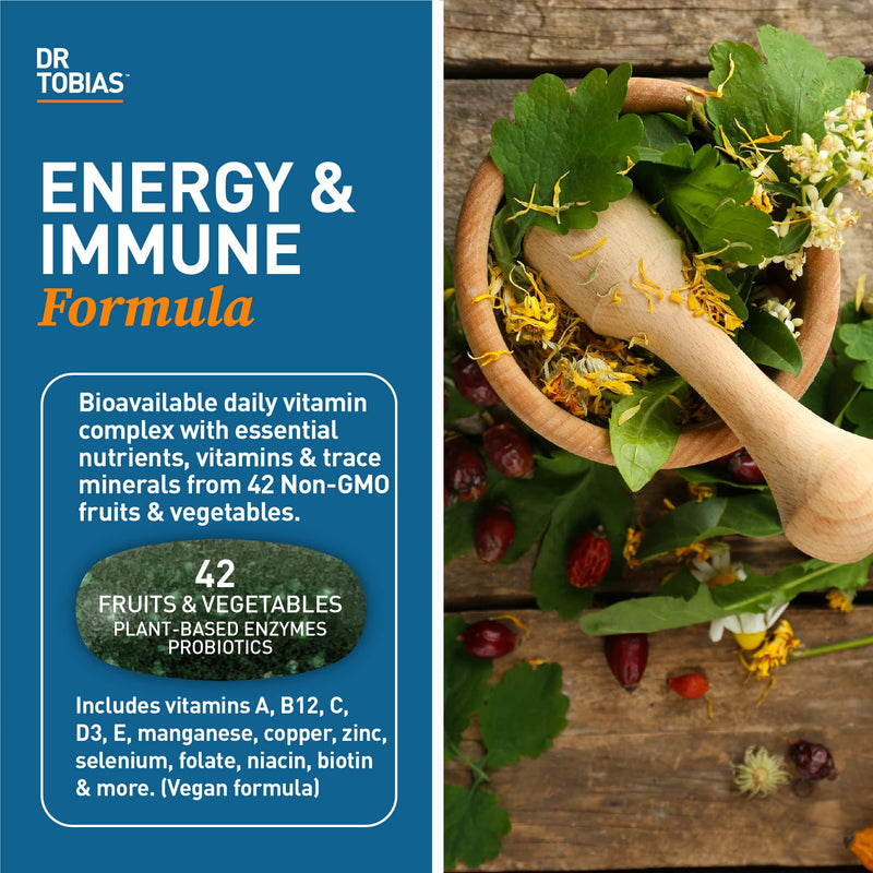 Dr. Tobias Adult Multivitamin for Women & Men 180 Count | Daily Energy & Immune Support | Vitamin Supplement with 42 Fruits & Vegetables + Probiotic + Enzymes | Vegan | 60 Servings 180 Count (Pack of 1)