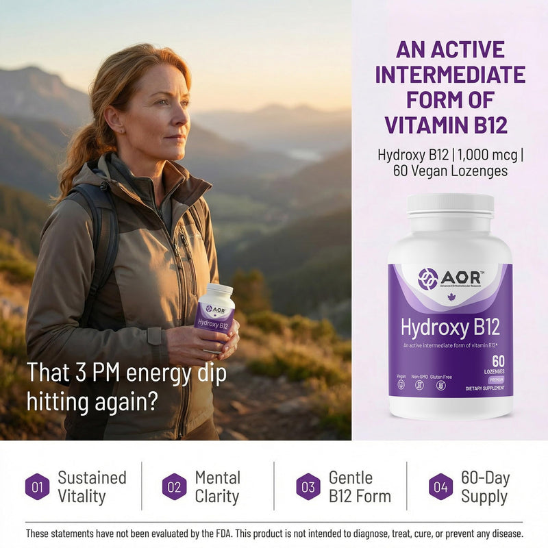 AOR Hydroxy B12 Sublingual Lozenges, 1000 mcg, Vegan, 60 Lozenges | For Adults Who Avoid Pills, Active-Form B12, Vitamin B12 Sublingual, Two-Month Supply, Lozenge Supplement