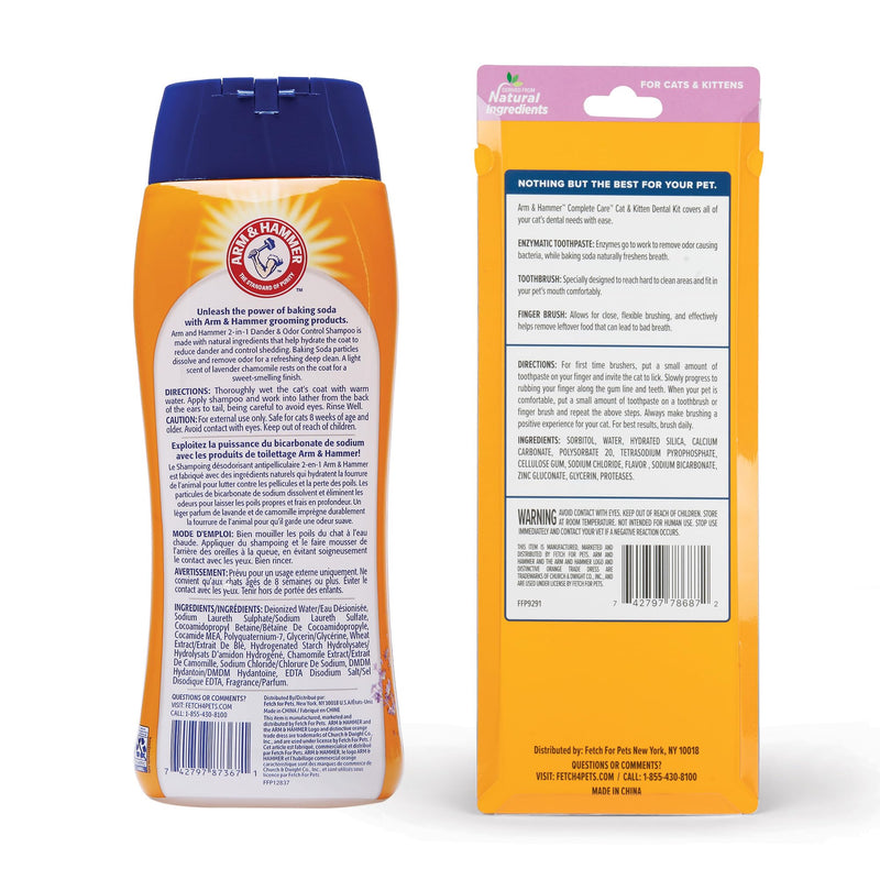 Arm & Hammer 2-in-1 Cat Shampoo & Complete Care Dental Kit Bundle – Dander Reducing Cat Shampoo, Lavender Chamomile Scent (20 Fl Oz) & Tuna Flavor Enzymatic Toothpaste with Toothbrush Set