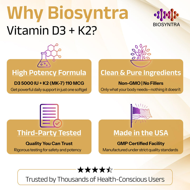 Vitamin D3+K2 with Coconut Oil - Vegan Vitamin D 5,000 IU & MK7 Vitamin K 110mcg for Bone, Heart & Immune Support, Non-GMO, Third Party Tested, Soy Free, High Absorption 60 Veggie Softgels