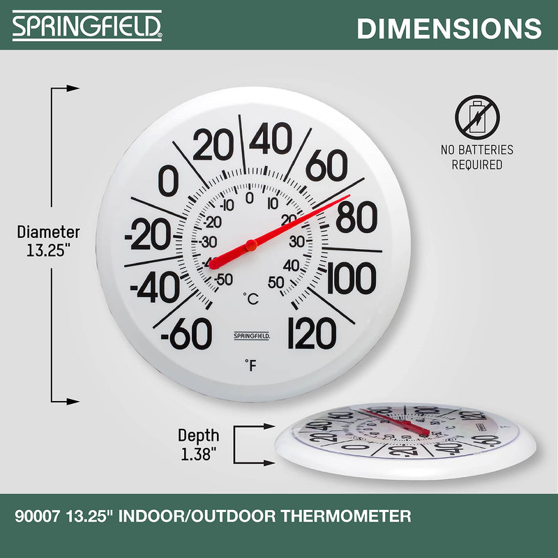 Springfield Indoor Outdoor Big and Bold Thermometer with Mounting Bracket, Easy to Read Numbers for Patio, Pool, and Indoor Areas, 13.25-Inch, White
