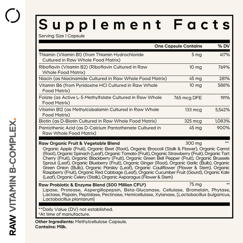 Codeage Raw Vitamin B-Complex Supplement - Essential B Vitamins with Probiotics, Digestive Enzymes, Fruits & Vegetables - 2-Month Supply - Methylfolate - Biotin - Vitamin B12 - Non-GMO - 60 Capsules