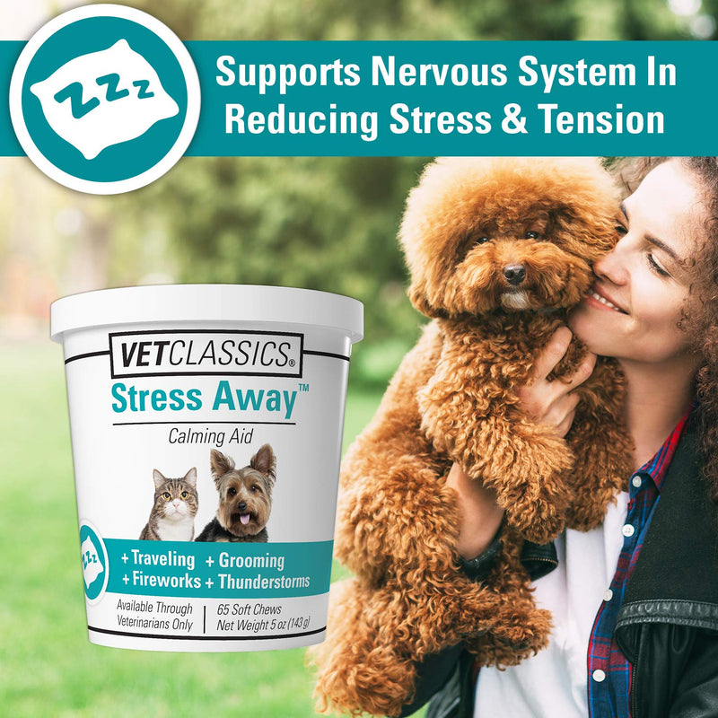 Vet Classics Stress Away Calming, Anxiety Aid for Dogs and Cats – Soft Chew Pet Health Supplement for Dogs, and Cats - Melatonin, Ginger – 65 Soft Chews 5 Ounce (Pack of 1)
