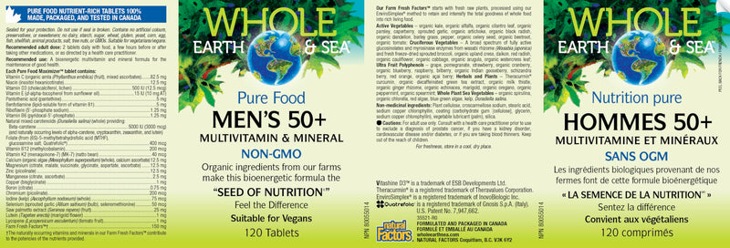 Natural Factors Whole Earth & Sea Men's 50+ Multivitamin & Mineral - Daily Nutritional Support Multivitamin - Supports Brain Health & Immune System Function - Vegan - 120 Tablets (60 Servings) 120 Count (Pack of 1)