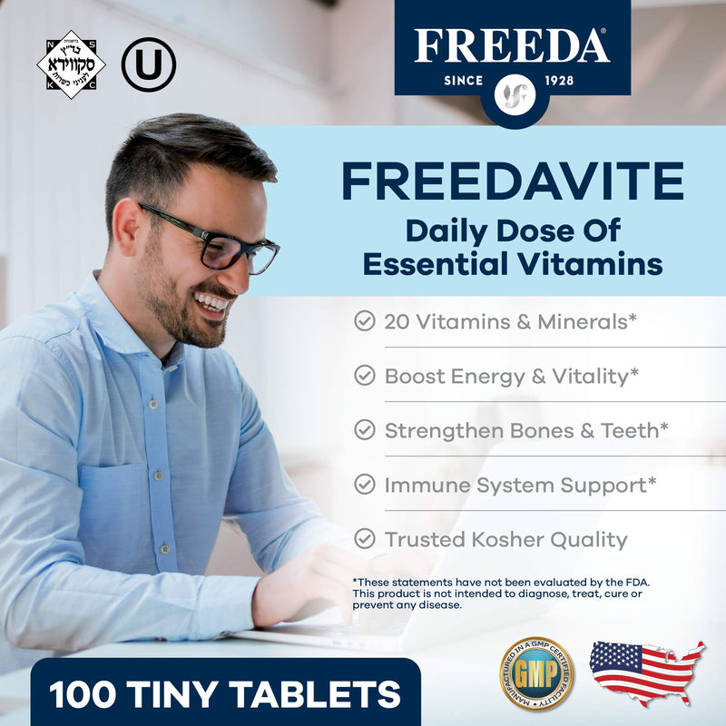 Freedavite Tiny Tablet - Moderate Multivitamin for Men and Women - Vitamin A, C, D, E, B1, B2, B6, B12, Biotin, Calcium, Zinc, Iron, Magnesium, Manganese, Copper, Selenium, Iodine - 100 Count | Supports Energy, Immunity, Bone & Brain Health – 20 Essent...