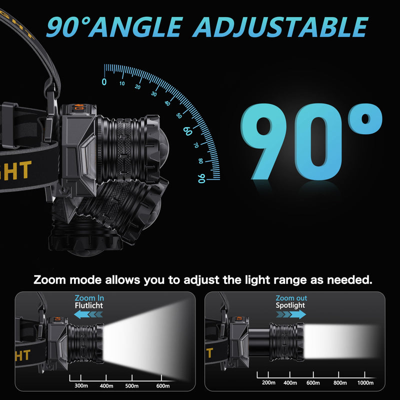 LED Headlamp Rechargeable，4000 Super Bright Head Lamp with 12 Modes & 90H Long Battery Life & Motion Sensor & IPX7 Waterproof,90° Adjustable Headlight for Outdoor Camping, Cycling, Hiking