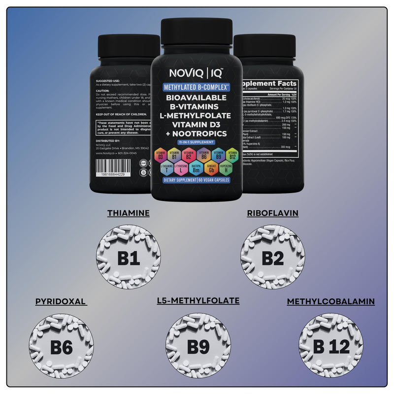 11-in-1 Methylated B-Complex Supplement: 680mcg L-Methylfolate(5-MTHF) Thiamine(B1) Riboflavin(B2) Pyridoxal(B6) Methylcobalamin(B12) - Vitamin D3 + Nootropics - 1,100mg+ Serving - 60 Count
