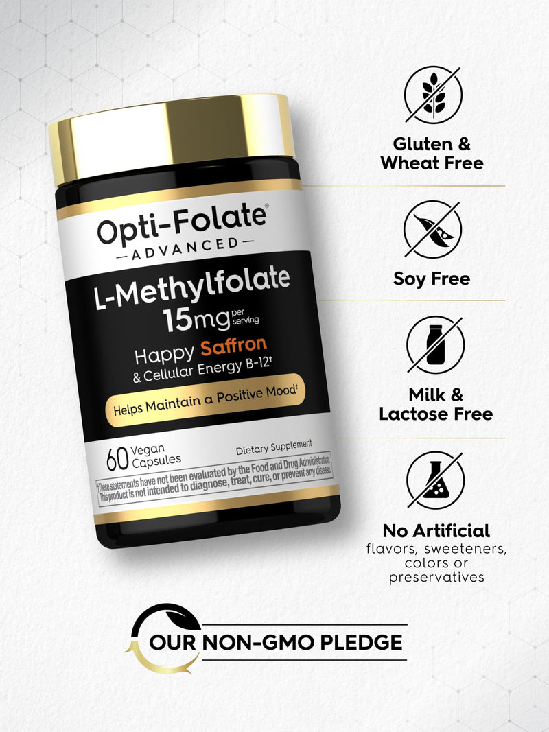 Carlyle L Methylfolate 15mg | 60 Capsules | with Methyl B12 & Saffron | Vegan, Non-GMO, Gluten Free Supplement | by Opti-Folate