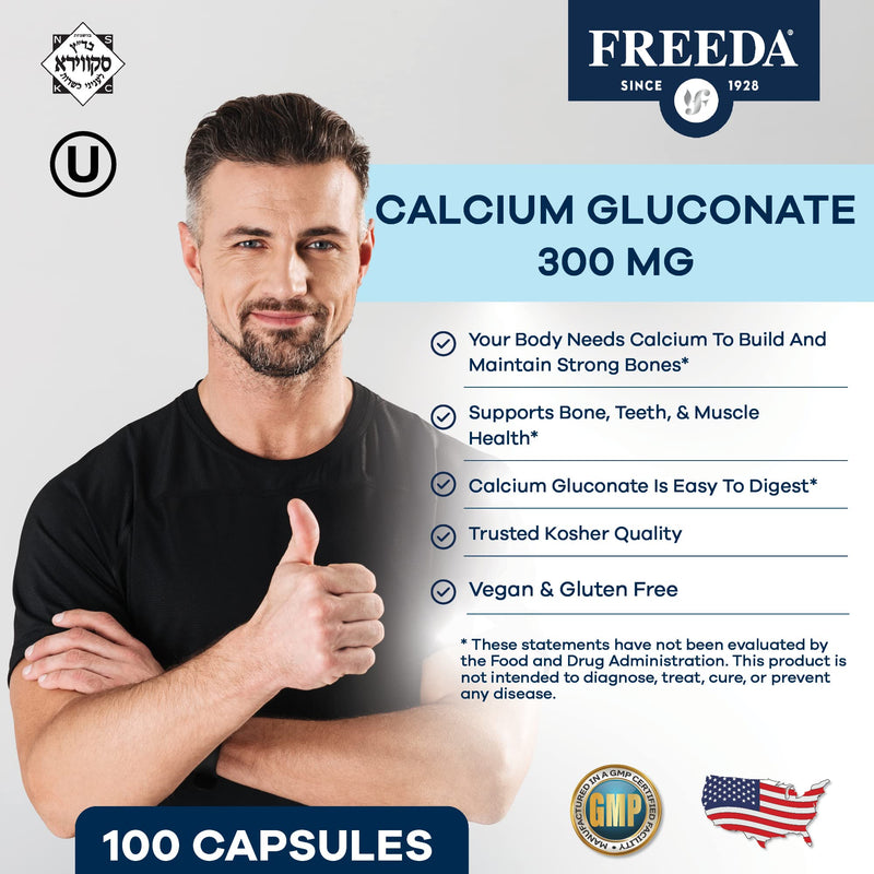 FREEDA Calcium Gluconate Supplement for Bone & Joint Support – 500 Capsules | Supports Teeth & Muscle Health – Pure Calcium w/o Vitamin D – Gentle on Stomach, Easy-to-Digest, Kosher, Vegan, Made in USA 500 Count (Pack of 1)