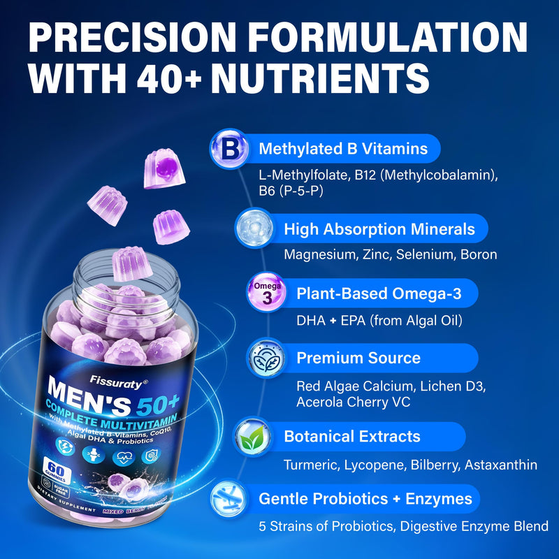 Multivitamin Gummies for Men 50+ - Sugar Free Methylated Multivitamin Gummy | with Methylated B-Vitamins, Omega-3 DHA, CoQ10 & Probiotics - Supports Memory, Energy, Immunity & Digestion - 120 Gummies Mixed Berry 60 Count (Pack of 2)