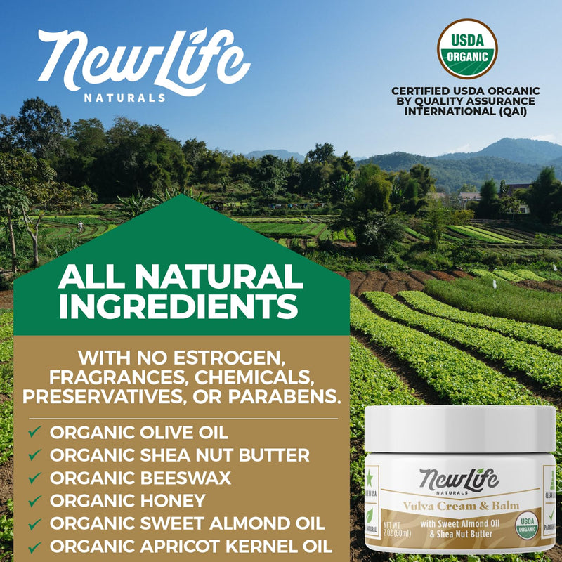NewLife Naturals Certified Organic Vulva Cream - Menopause Support, Itching Relief, Vaginal Moisturizer & Dryness Solution | All Natural Estrogen Free Intimate Feminine Care - 2 Oz - Made in USA 2 Ounce (Pack of 1) - BeesActive Australia
