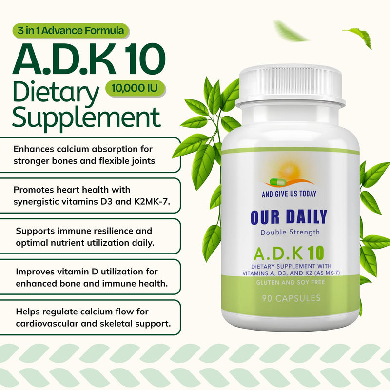 Daily Vites ADK 10 - ADK Vitamin Supplement - High Potency Vitamin A, D3 10,000 IU & K2 (MK-7) - Physician Formulated for Bone, Heart & Immune Support - Non-GMO, Gluten Free - 90 CT (3-Month Supply) 90 Count (Pack of 1)