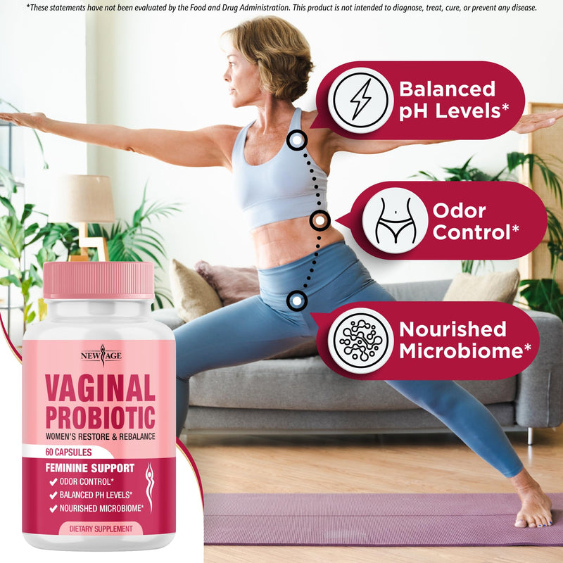 NEW AGE Vaginal Probiotics for Women with Prebiotics, Cranberry Extract, and a Lactobacillus Probiotic Blend, Supports Healthy pH Balance, Odor Control, Vaginal Flora - 60 Capsules 60 Capsules (Pack of 1)