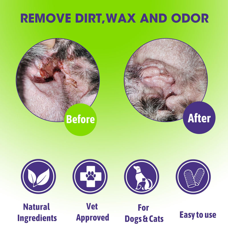 Pet Ear Wipes for Dogs & Cats - Gentle and Effective Ear Cleaning Solution - Remove Dirt, Wax and Odor - 50 Count Dog Ear Relief Finger Wipes