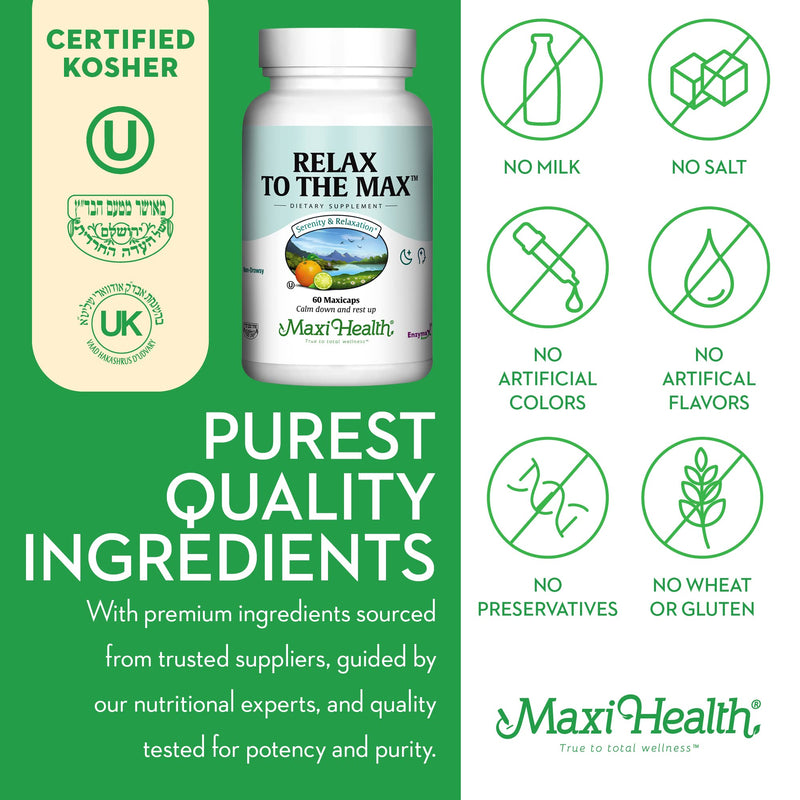 Maxi Health - Relax to The Max Stress Relief Formula (60 Count) Capsules with Vitamin C, Calcium, L-Theanine, L-Taurine & Amino Acids - All Natural Calming & Relaxation Supplements | Kosher | L-Theanine Supplement with Taurine, Vitamin C & Calcium | Ca...