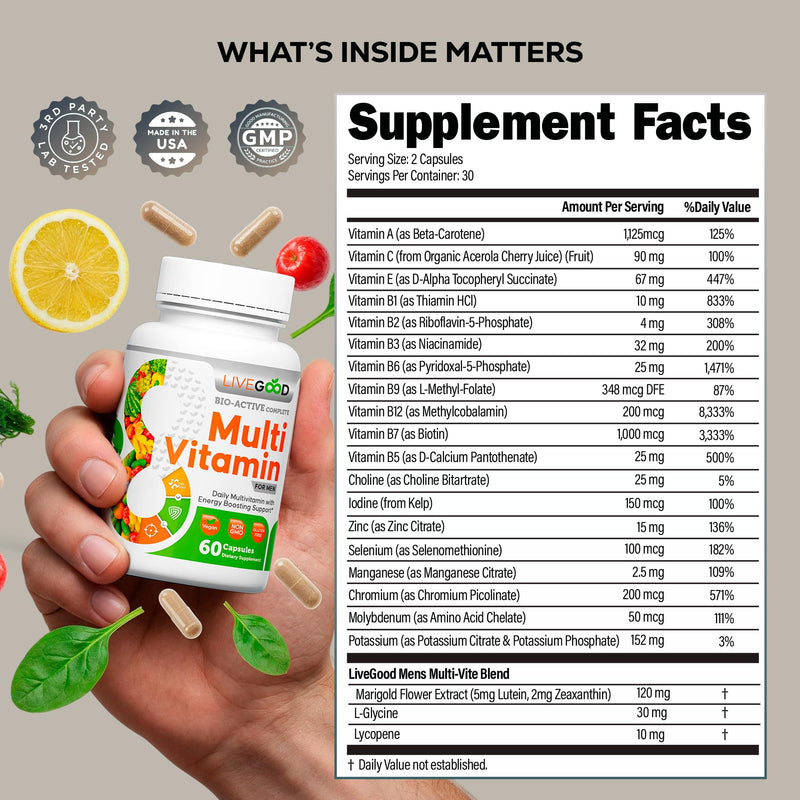 LiveGood Bio-Active Complete Multivitamin for Men, Daily Men’s Multi with 24 Essential Vitamins and Minerals for Energy, Immunity, Heart and Bone Support, Complete Men’s Formula (60 Capsules)