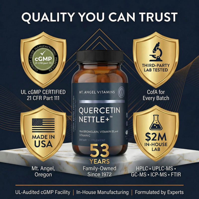 Mt. Angel Vitamins Quercetin with Bromelain & Stinging Nettle Leaf Extract | 1000mg Quercetin Phytosome Supplement for Seasonal Nasal Comfort & Histamine Support | cGMP Made in USA, 60 Capsules