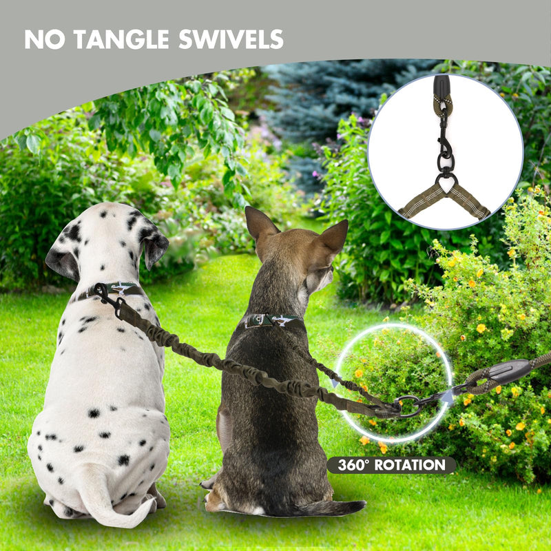 BAOBOTE Double Dog Leash,Dual Dog Leash with Shock Absorbing Bungee Reflective for Two Dogs 360 Swivel No Tangle Dog Leash(Army Green) Army Green - BeesActive Australia