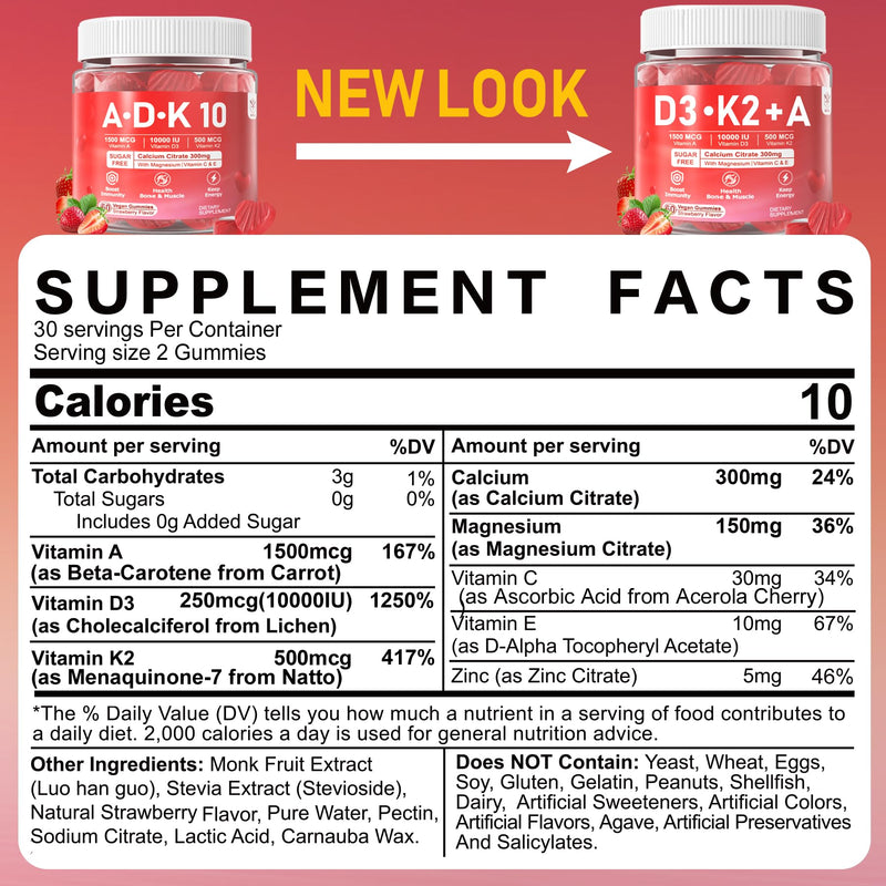 Vitamin D3 + K2 + A Gummies 5000IU/10000 IU - Vitamin D3 Con K2 Supplement with Calcium Magnesium Zinc, Vitamin C & E, High Dose Ultimate Absorbency for Bones, Muscles, Teeth, Vision, Vegan 2 Packs 60 Count (Pack of 2)