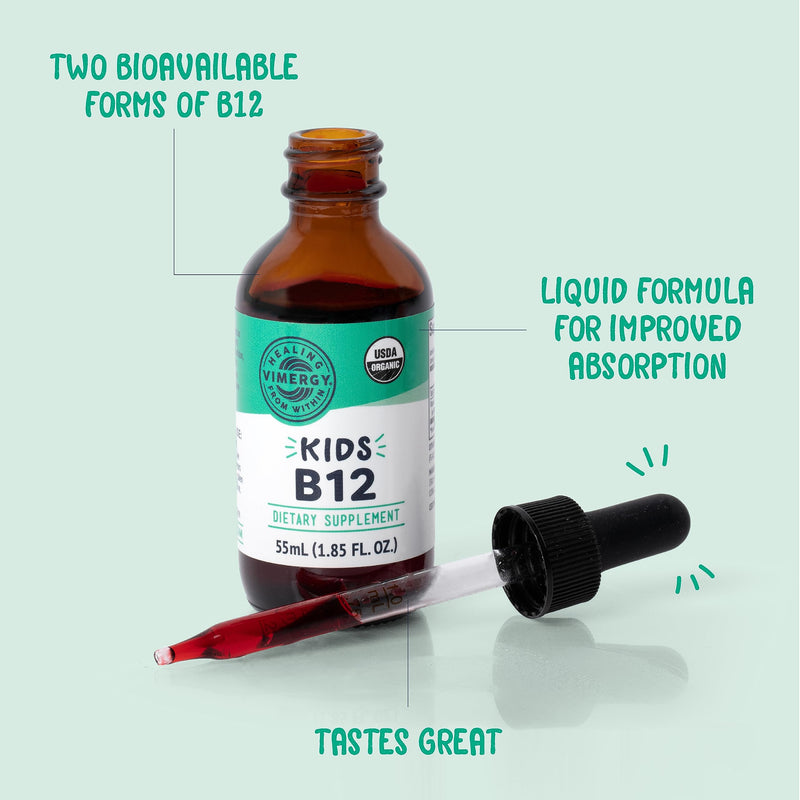 Vimergy Kids Liquid B12 Supplement, Organic Non-GMO, 55 mL, 138+ Servings | Brain & Nerve Health*, Strong Bone and Red Blood Cell Support*, Promotes Cell Metabolism & DNA production*, Fast-Absorbing 1.85 Fl Oz (Pack of 1)