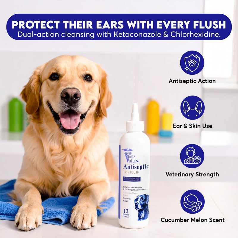 Vets Value Tris Flush Ear Cleaner for Dogs & Cats – 8oz Alcohol-Free, Non-Stinging Veterinary Ear Wash – Supports Routine Ear Hygiene, Odor Control, Gentle Formula – Made in USA Ear Flush
