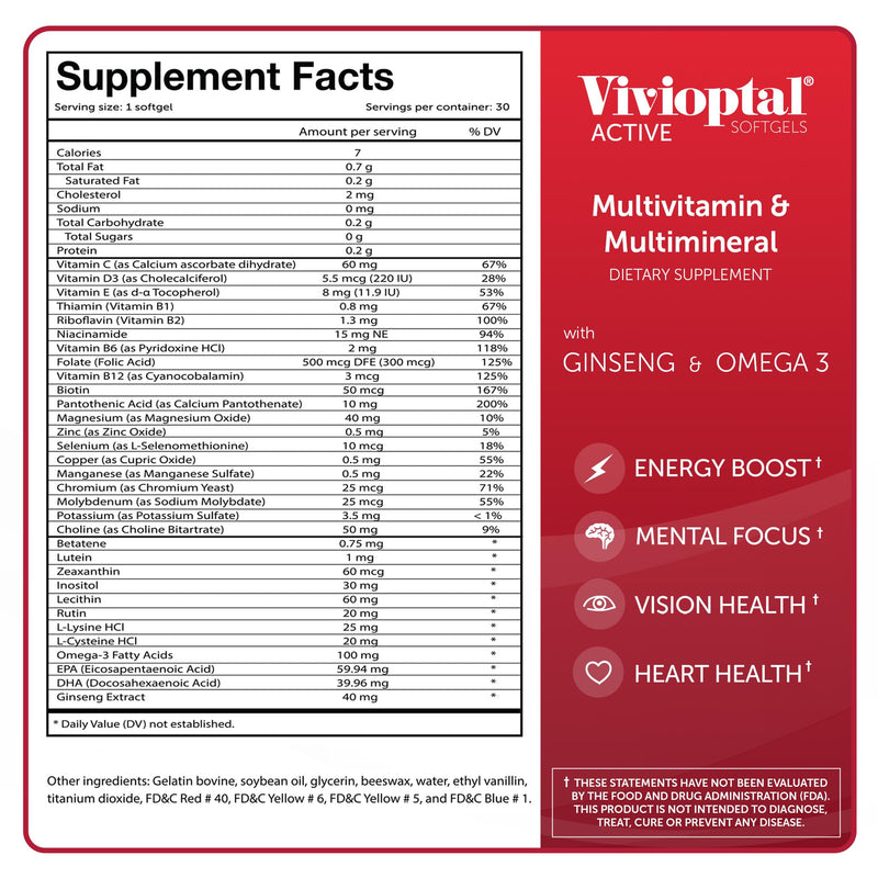 Vivioptal Active, 30 Softgels, Ginseng & Omega 3, Multivitamin & Multimineral, Gluten Free, German Formula