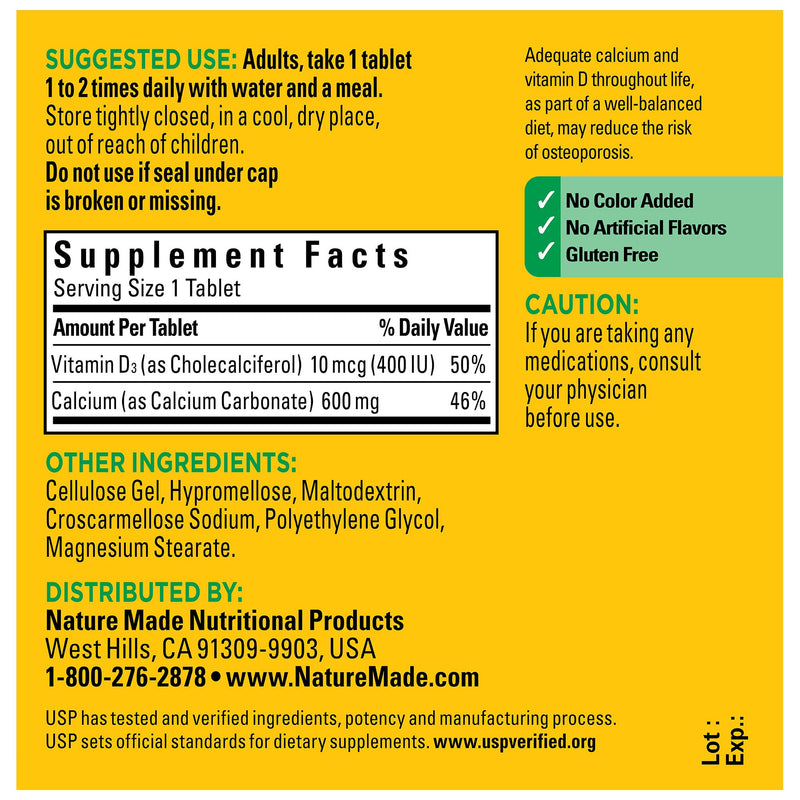 Nature Made Calcium 600 mg with Vitamin D3 for Bone Support, 60 Tablets | Calcium Supplement for Bone Health, Dietary Supplement with Calcium and Vitamin D Unflavored 60 Count (Pack of 1)
