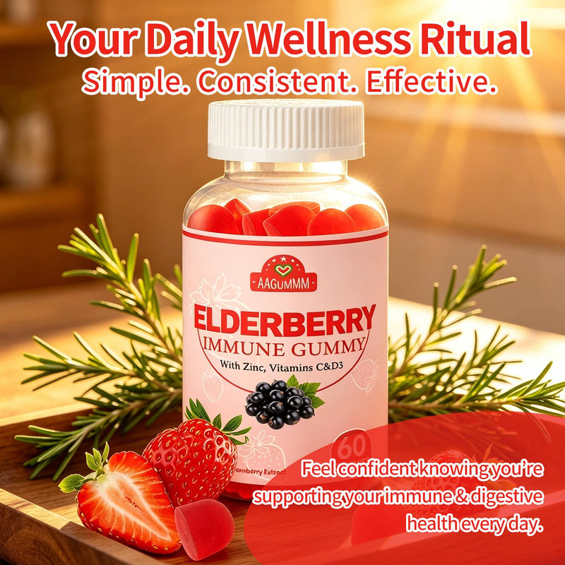 Elderberry Immune Gummies, Daily Immune Support for Adults, | with Vitamin C, Vitamin D3, Zinc, Gluten Free, Vegetarian, Strawberry Flavor,60 Gummies