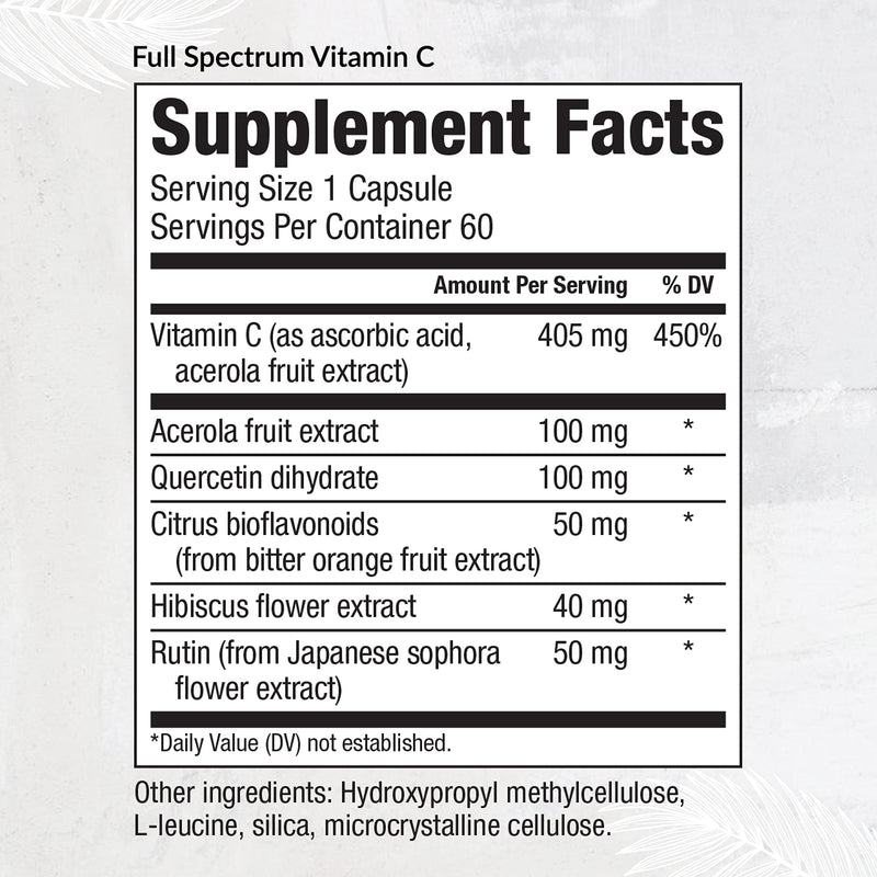 Equilife Full Spectrium Vitamin C Supplement, with Quercetin, 60 Capsules | Antioxidant Formula to Boost Immune Function | Promote Collagen Formation & Stress Reduction | Gluten Free | Non-GMO Capsule