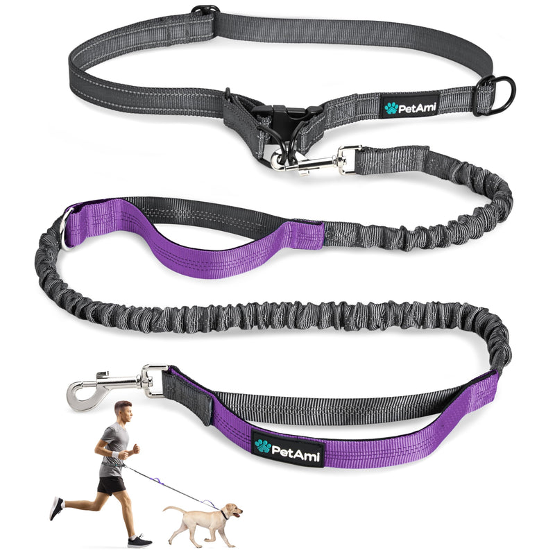 PetAmi Hands-Free Dog Leash for Walking, Running & Hiking, Heavy Duty Bungee Waist Leash with Dual Padded Handles, Adjustable Reflective Belt for Small, Medium & Large Dogs up to 150 lbs, Purple 1 Leashes